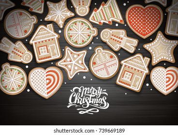 Top view of Merry Christmas concept design. Holiday cookies on wooden background. Christmas food