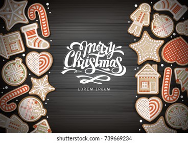 Top view of Merry Christmas concept design. Holiday cookies on wooden background. Christmas food