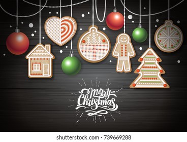 Top view of Merry Christmas concept design. Holiday cookies on wooden background. Christmas food
