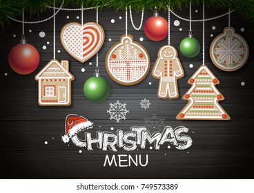 Top view of Merry Christmas concept design. Holiday cookies on wooden background