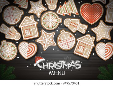 Top view of Merry Christmas concept design. Holiday cookies on wooden background