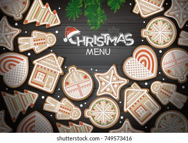 Top view of Merry Christmas concept design. Holiday cookies on wooden background