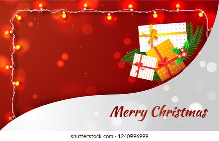 Top view of Merry Christmas greeting card design with illustration of gift boxes on red bokeh background decorated with lighting garland.