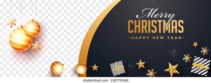 Top view of Merry Christmas and Happy New Year website banner design with gift boxes and stars and space for your product image.