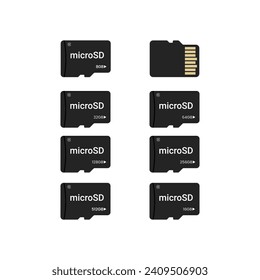 Top view of micro SD memory card isolated vector. 8GB,16GB,32GB,64GB,128GB,256GB,512GB Flat SD Card.