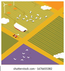 Top view Minimal vector illustration of farmland with barn,tractor,cow and wind turbine.Concept of minimal organic farm.
