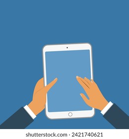 Top view of mobile smartphone in businessman's hand with blue screen.