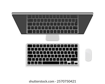 Top View Mockup of Computer, Keyboard, Mouse, and Monitor Displaying Blank White Screen. Vector.