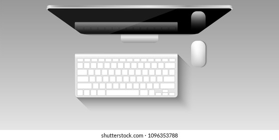 Top view mockup of graphic designer workplace., Mouse, Keyboard, Monitor, Vector design.