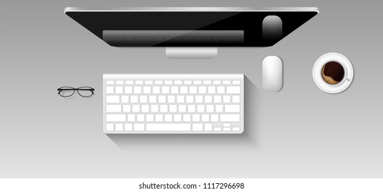 Top view mockup of graphic designer workplace., Mouse, Keyboard, Monitor, Vector design.