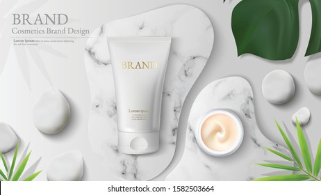 Top view Mockup marble podium in white background. decor by rock, stone, pebbles leaves and blank Brand product mockup scene stage for product, sale, banner, cosmetic, offer. 3d illustration vector