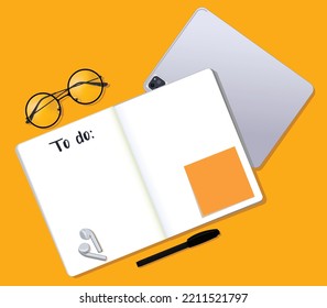 Top view mockup notepad with specs, headphone, pen and tablet on yellow background.