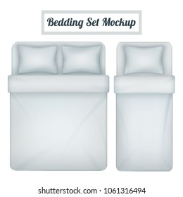 Top view mockup of white blank bedding set  for single and double bed realistic isolated vector illustration