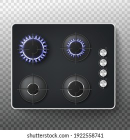 Top view of modern black kitchen gas stove panel, realistic vector illustration isolated on transparent background. Template of kitchen cooking gas equipment.