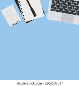 Top view of modern business office workspace background. Flat Illustration of office desk with laptop, digital devices and notepad