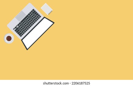 Top view of modern business office workspace background. Flat Illustration of office desk with laptop, digital devices and notepad