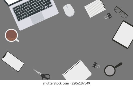 Top view of modern business office workspace background. Flat Illustration of office desk with laptop, digital devices and notepad