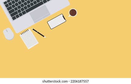 Top view of modern business office workspace background. Flat Illustration of office desk with laptop, digital devices and notepad