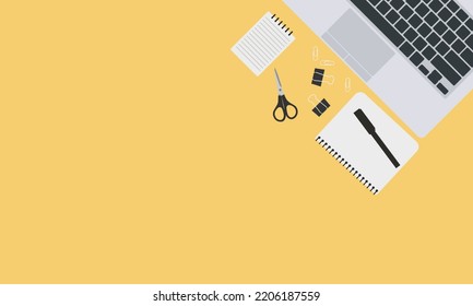 Top view of modern business office workspace background. Flat Illustration of office desk with laptop, digital devices and notepad