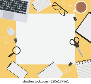 Top view of modern business office workspace background. Flat Illustration of office desk with laptop, digital devices and notepad