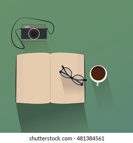top view of modern camera book and coffee cup. vector