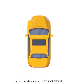 Top View Of Modern Car. Flat Style Vector Illustration. Modern Vehicle Banner. New Motor Car From Above View. Sedan Auto With Sunroof In Yellow Color. Taxi Car. 