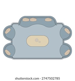 Top view of modern curved sofa furniture set on pastel blue carpet. 7