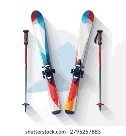 Top view of modern downhill skis and ski poles arranged on a clean white surface with subtle shadows