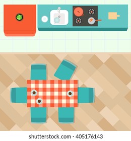 Top view modern kitchen. Top view interior. Flat vector illustration