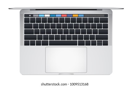 Top view of modern laptop computer with blank keyboard layout for insert letter ,lcd touch panel band and touchpad.Isolate on white background.