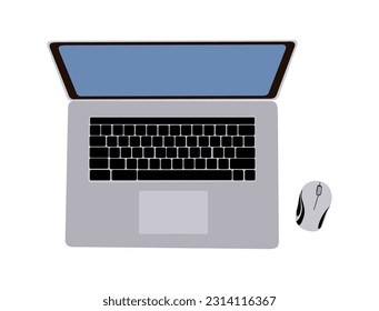 Top view of modern laptop computer with touchpad, keyboard and mouse. Vector realistic illustration Isolate on white background. Layout template, mockup