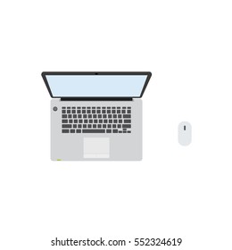 Top view of modern laptop with mouse. Isolated laptop on white background.