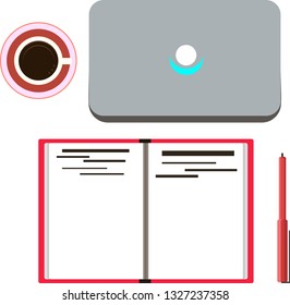Top view of a modern office workplace, stationery, documents, laptop, pen,, notebook, coffee, planner. Flat vector illustration - Vector graphics