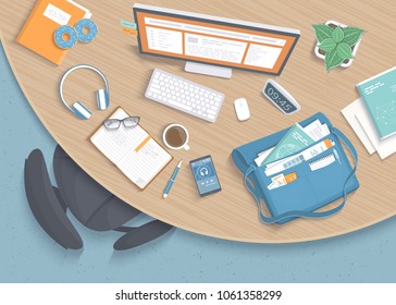 Top view of modern stylish round wooden desk in office, chair, office supplies, notebook, folder, eheadphones, phone, glasses, pen, paper, coffee, donuts, bag. Vector illustration 