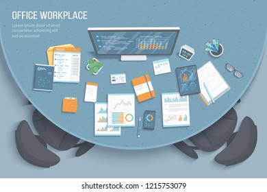 Top view of modern stylish round desk in office, armchairs, office supplies, documents, calendar, notepad, folders, envelope, book. Charts, graphics on a monitor screen. Workplace Desktop Vector