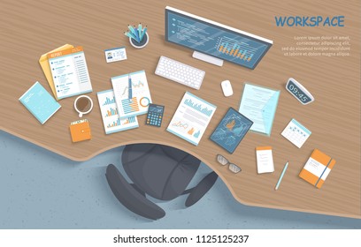 Top view of modern stylish wooden desk in office, chair, office supplies, documents, calendar, notepad, folder, envelope, book, tablet. Business workplace. Charts, graphics on a monitor screen. Vector