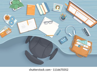 Top view of modern and stylish workplace. Wooden table, armchair, office supplies, monitor, books, notebook, headphones, phone, glasses, pen, paper, tea, donuts, bag. Vector illustration