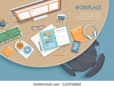 Top view of modern and stylish workplace. Round wooden table, armchair, office supplies, monitor, book, notebook, headphones, phone, glasses, pen, paper, tea, donut. Vector illustration