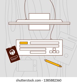 Top view of modern and stylish workplace. Wooden table, monitor, pen, paper. Vector illustration