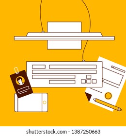 Top view of modern and stylish workplace. Wooden table, monitor, pen, paper. Vector illustration