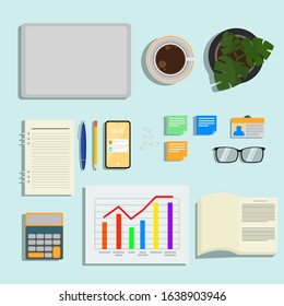 Top view of modern and stylish workplace. Wooden table, armchair, office supplies, monitor, books, notebook, headphones, phone, glasses, pen, paper, tea, donuts. Vector illustration