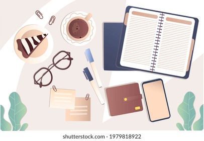 Top view of modern and stylish workplace. Wooden or glass table surface. Flat cartoon vector illustration concept design web banner on pastel background