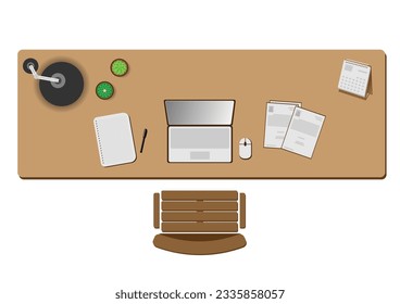 Top view of modern and stylish workplace. Wooden table, armchair, office supplies, labtops, books, notebook, sheets, pen, paper, tree, lamp, calender. Vector illustration