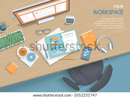 Top view of modern and stylish workplace. Wooden table, armchair, office supplies, monitor, books, notebook, headphones, phone, glasses, pen, paper, tea, donuts. Vector illustration