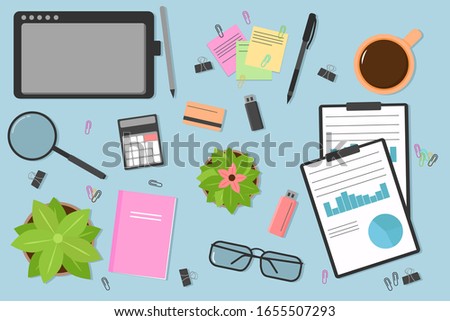 Top view of a modern and stylish workplace. Desktop workplace background. Laptop, computer, folder, documents, notepad, business card, coffee, flash drive, glasses, pencil, pen. Vector illustration.