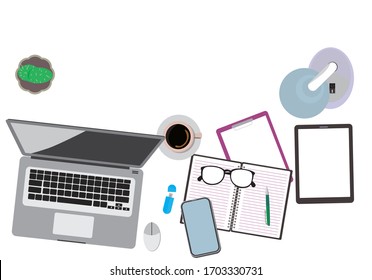 Moderne Büroausstattung mit Draufsicht auf weißem Hintergrund. Vektorillustration