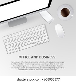 Top View of Modern Technology working Place on White Office Desk with large Desktop Computer Coffee Keyboard and Mouse. Top view office desk. Top view of working place elements on white table