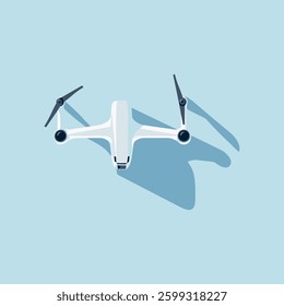 Top view of a modern white drone with camera on light blue background