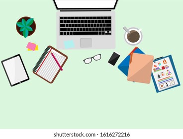 Top view modern work office with copy space.table with money,plant,coffee cup,smartphone, paper,notebook,pen and laptop copy space on background.Vector Workplace and flat lay design vector concept.