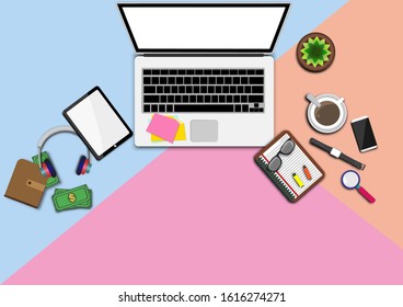 Top view modern work office with copy space.table with money,plant,coffee cup,smartphone, paper,notebook,pen and laptop copy space on background.Vector Workplace and flat lay design vector concept.